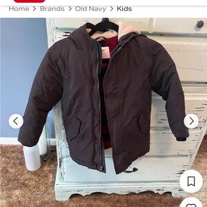 Old Navy Heather Gray Black Puffer Jacket with Buffalo Red Plaid Lining Sz 6 - 7